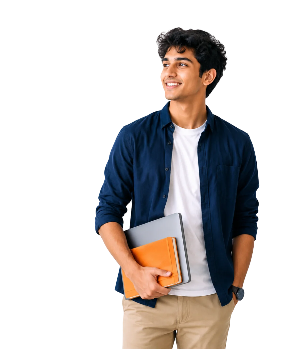 Young man holding a laptop and notebook, looking ahead confidently