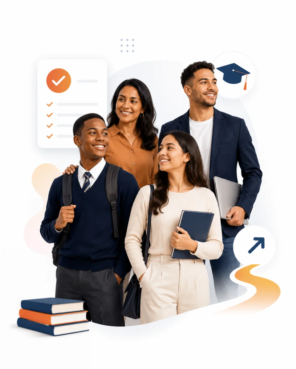 Students and a parent looking ahead at study and career possibilities